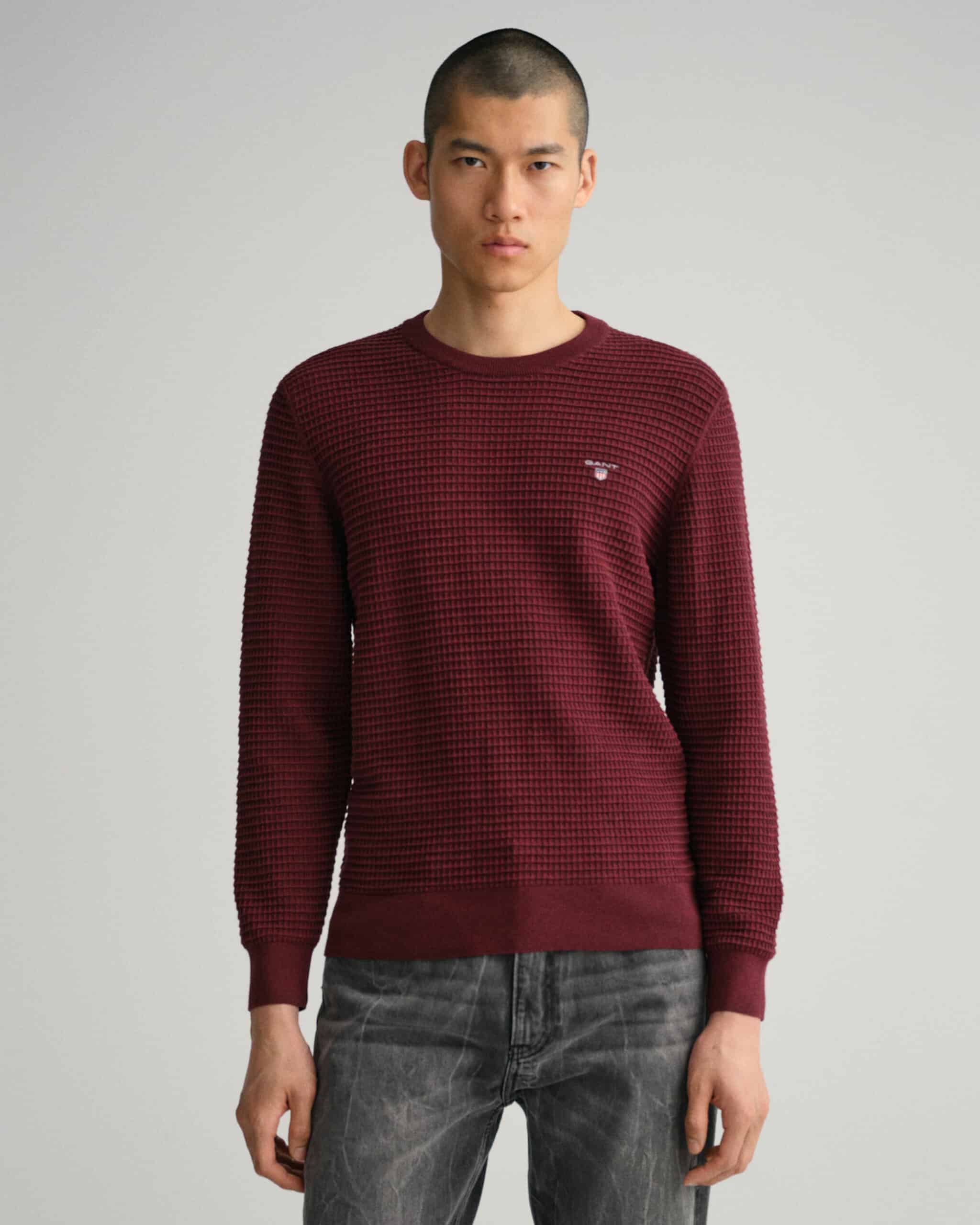 Cotton Texture Crew Neck Sweater -Burgundy