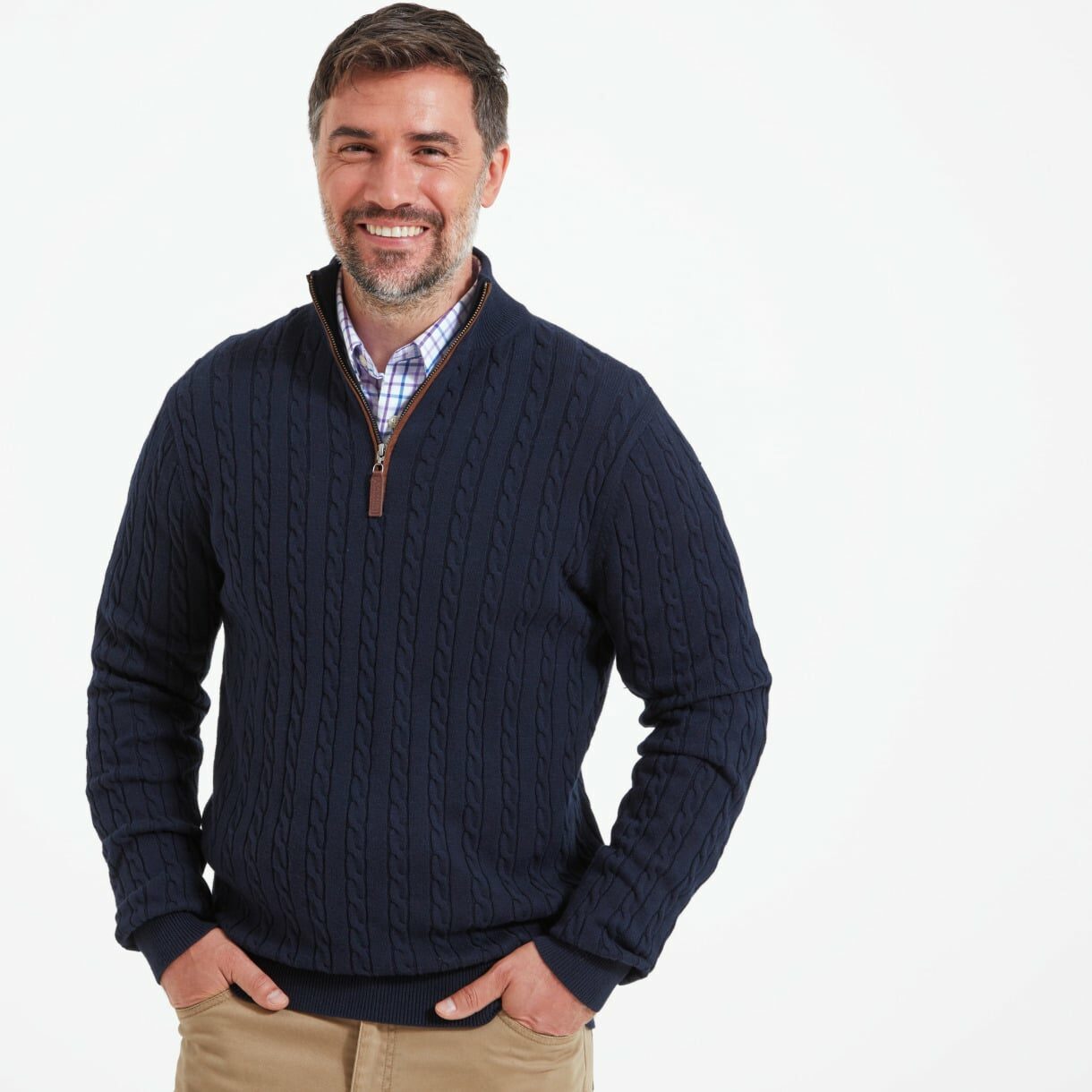 COTTON CASHMERE CABLE 1/4 ZIP JUMPER – NAVY