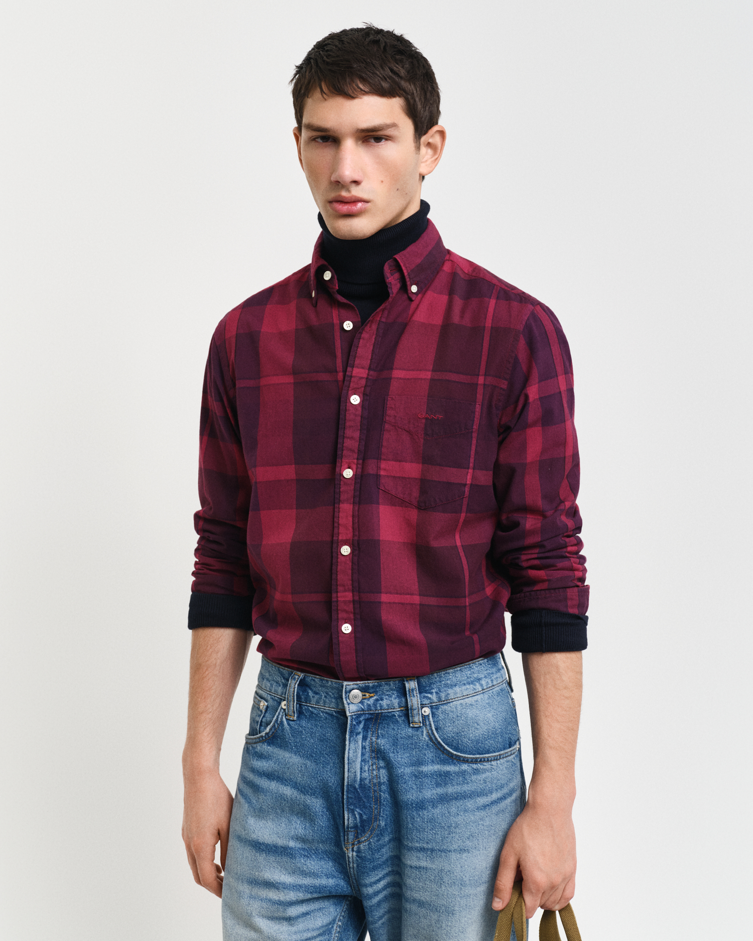 Regular Fit Garment-Dyed Checked Shirt – Rich Wine