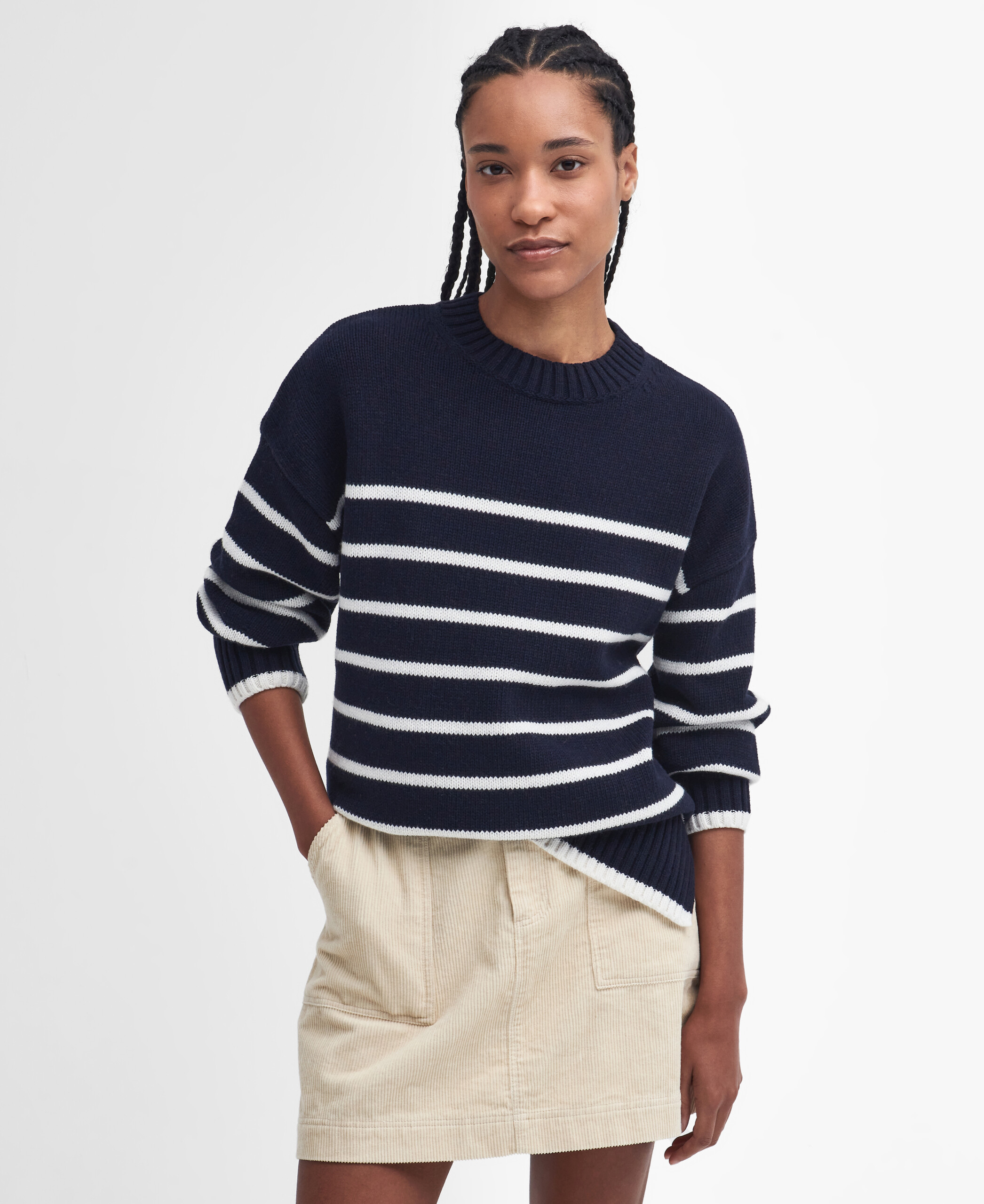 Belmore Striped Crew Neck Jumper – Navy