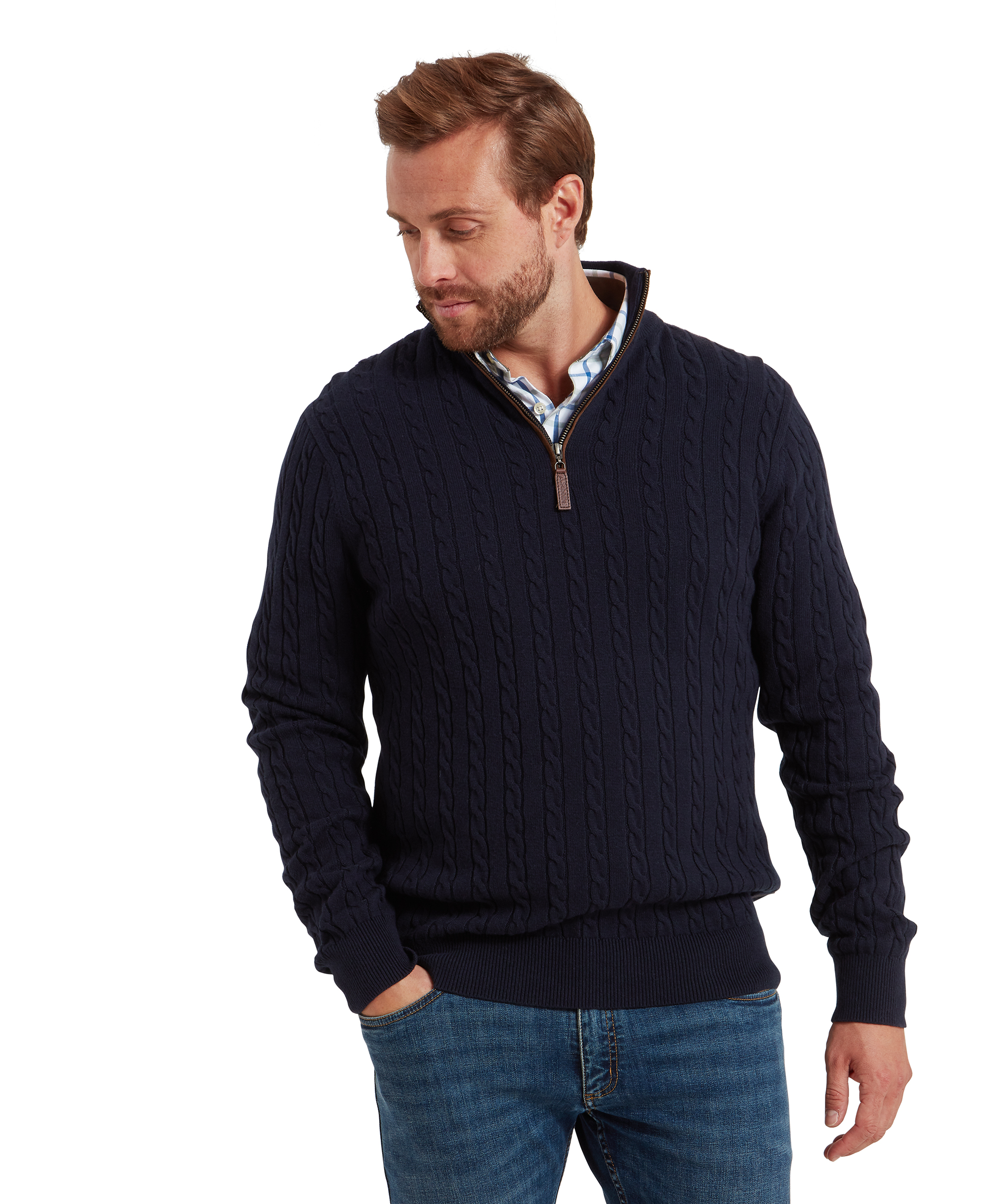 Calton Cotton Cashmere Cable 1/4 Zip – Navy